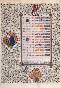 Página del manuscrito “Las Muy Ricas Horas del Duque Francisco de Guisa” iluminado por el Maestro de Boucicaut: representación de los signos del zodiaco y del trabajo agrícola: balanza y cosecha. Siglo XV. Museo Condé, Chantilly