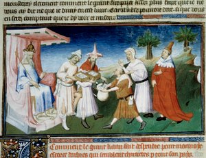 Qubilai (Kubilai Khan, primer emperador de la dinastía mongola Yuan (1215-1294) paga sus compras con monedas de corteza de morera en miniatura tomadas del "Libro de las Maravillas" de Marco Polo