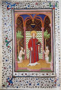 Representación de San Leonardo (siglo VI), ermitaño de Limousin, liberando a dos prisioneros. Página del manuscrito “Les Tres Riches Heures du Duc François de Guise” iluminado por el Maestro de Boucicaut. Siglo XV. Museo Condé, Chantilly de (and workshop) Boucicaut Master