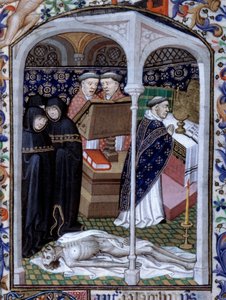 Escena de ceremonia fúnebre y danza macabra. Miniatura del Libro de horas usado en París iluminada por el Atelier du Maitre d Boucicaut, aproximadamente 1415. París, B.N.