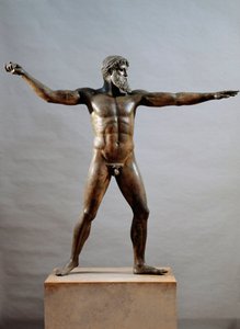 Arte griego: estatua de bronce llamada el dios de Cabo Artemision atribuida al escultor Kalamis (siglo V a.C.), 460 a.C., Dim. 209 cm - Atenas, Museo Arqueológico Nacional (inv. 15161) de (attr. to) Kalamis