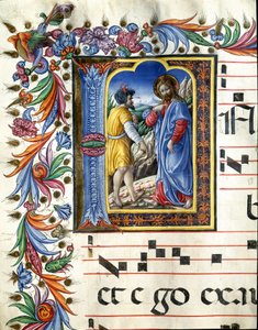 Letra decorada que representa la tentación de Cristo. Miniatura de Liberale da Verona (1445-1529) de un coro (Cod. 20/5. c.45v) de la catedral de Siena. Siglo XV. Catedral (Duomo) de Siena, Italia