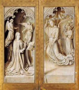 Anunciación en grisalla, alas exteriores del tríptico del retablo (ca 1489-1502) por el Maestro de Moulins, en la Catedral de Notre-Dame, Moulins, Francia de (fl.c.1483 c.1529) Master of Moulins