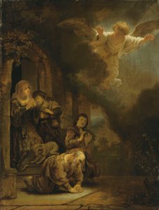 El Arcángel Rafael despidiéndose de Tobit y su familia de studio of Rembrandt Harmensz. van Rijn