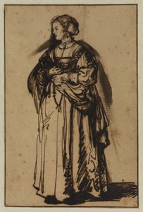 La esposa del artista, Saskia, de pie y con flores en las manos de (workshop of) Rembrandt Harmensz. van Rijn