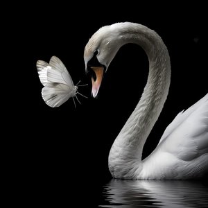 Un hermoso cisne y una mariposa blanca besándose sobre un fondo negro, Impresiones Wall Art de F. Abderrahim