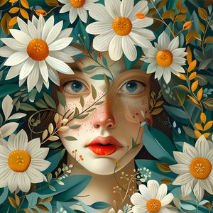Hermoso rostro de mujer rodeado de flores de amapola, decoración de pared, impresiones artísticas enmarcadas de F. Abderrahim