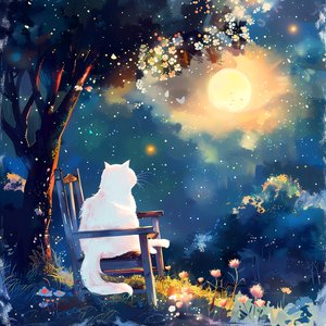 Un gato blanco se sienta en una vieja silla de madera por la noche a la luz de la luna, decoración de dormitorio de pared de F. Abderrahim
