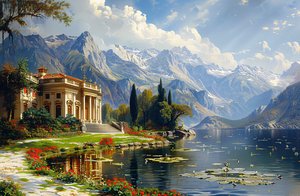 Pintura de paisaje urbano : Villa y lago en estilo de la Antigua Grecia para decoración de pared de F. Abderrahim