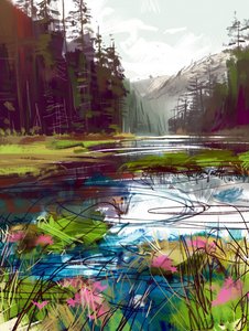 Hermoso paisaje en el bosque y las montañas junto a un lago para la decoración de la sala de estar de F. Abderrahim