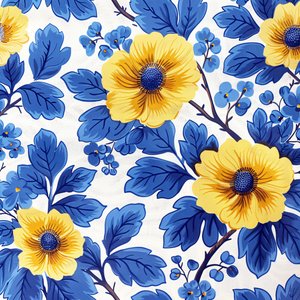 Azul y amarillo patrón de bloques florales para impresiones de arte moderno de pared de F. Abderrahim