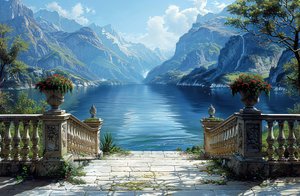 Impresiones artísticas : Vista de un lago y paisaje natural desde un balcón de F. Abderrahim