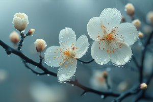 Flores blancas bajo el rocío de la mañana para una decoración zen de pared