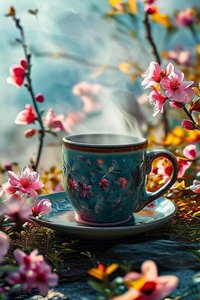 Una surrealista taza de café forrada de flores para una moderna decoración de arte mural