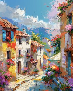 Pintura abstracta : casas de colores en una antigua ciudad tradicional decoración de arte de la pared de F. Abderrahim