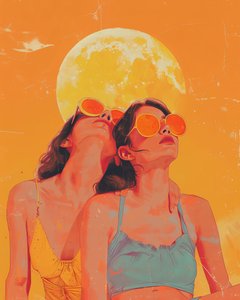 Retrato abstracto : dos mujeres con gafas de sol y puesta de sol detrás de impresiones de arte de la pared