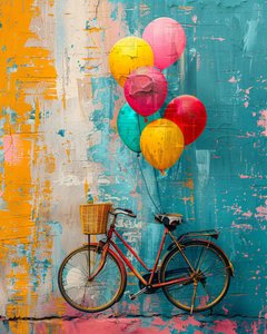 Pintura abstracta primitiva Bike rising with balloons bedroom wall decor de F. Abderrahim