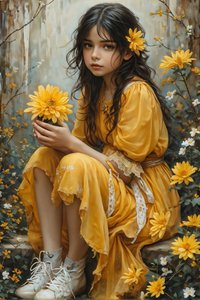 inocente Hermosa niña sosteniendo flores en un paisaje naturaleza y belleza impresiones artísticas de F. Abderrahim