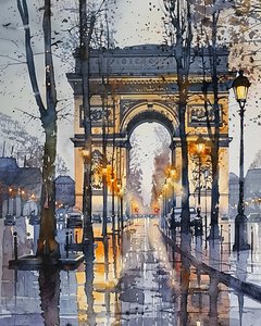 Pintura de acuarela : Campos Elíseos París Francia en invierno | Impresiones artísticas murales de F. Abderrahim