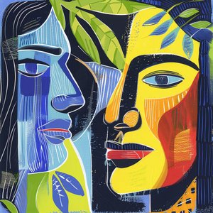 Pintura abstracta minimalista caras de dos hombres | decoración de la pared de la sala de estar de F. Abderrahim