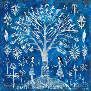 Pintura con motivo naif : mujeres bajo un árbol en azul | decoración de pared de F. Abderrahim