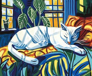 Gato blanco durmiendo a la luz del sol Matisse | decoración de pared, impresiones artísticas de F. Abderrahim