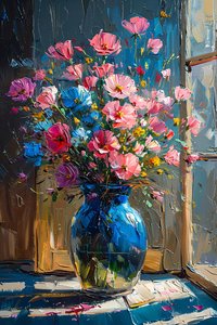 Pintura al óleo de ramo de flores Messy rosa y azul, Framed wall Decor