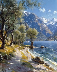 Paisaje de montaña y bosque con un lago tranquilo, impresiones artísticas en línea de F. Abderrahim