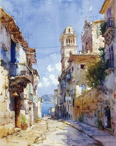 Acuarela casas blancas con vistas al mar Mediterráneo, decoración de pared moderna