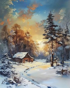 Cabaña en medio de un bosque y la nieve, paisaje de invierno, ideas de decoración de pared de F. Abderrahim