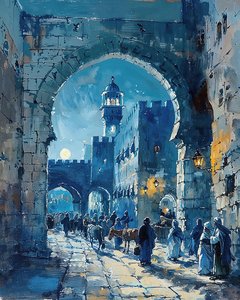 Una puerta árabe y un mercado medieval, Damasco Impresiones en lienzo de F. Abderrahim