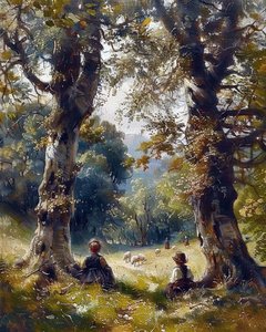 Niños sentados bajo los árboles en el bosque, decoración de pared moderna de F. Abderrahim