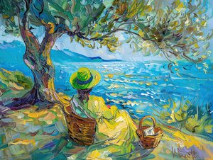 Pintura al óleo abstracta colorida : mujer moderna con verde y azul de F. Abderrahim