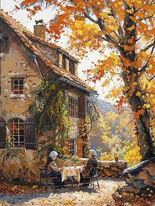 Gente delante de una antigua casa tradicional italiana en plena naturaleza de F. Abderrahim