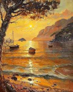 Playa y barcos, puesta de sol al atardecer, Wall Decor for sale