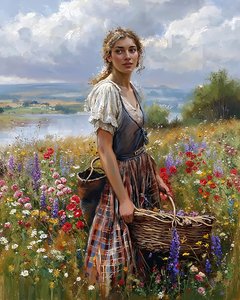 Una hermosa campesina cosechando frutas en primavera, impresiones artísticas en línea de F. Abderrahim