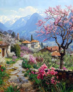 Un bonito pueblo rodeado de plantas en flor en un paisaje montañoso de F. Abderrahim