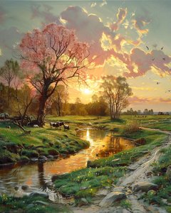 Hermoso Paisaje al Atardecer, Lienzo para Decoración de Pared Paisaje Moderno