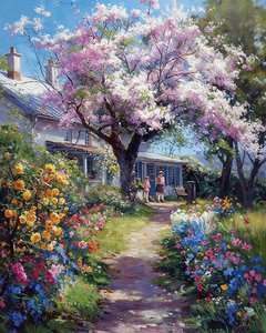 Jardín de una casa en el campo, Decoración mural con cerezos en flor