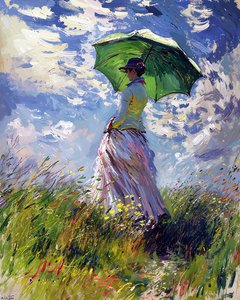 Mujer con vestido y paraguas caminando por una colina verde en primavera de F. Abderrahim