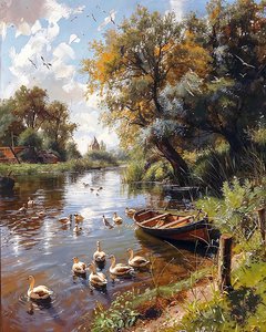 Lago tranquilo, pájaros y barco de madera, decoración de pared para dormitorio de F. Abderrahim