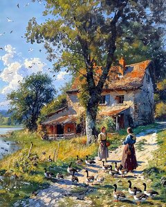 chica de campo cuida de una bandada de patos, Wall Decor en venta de F. Abderrahim