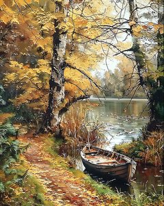 Un barco de madera en medio de un lago encantado, Wall Decor en venta