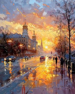 Gente caminando por la calle al amanecer bajo la lluvia, Wall Decor en venta de F. Abderrahim