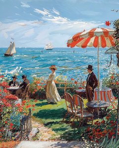 Café con vistas al mar, dibujo de los años 20, impresiones en lienzo online de F. Abderrahim