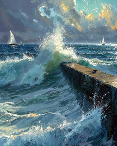 Olas embravecidas y barcos en el horizonte, ideas de decoración de pared