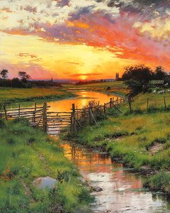 Puesta de sol sobre un arroyo serpenteante en el campo, impresiones artísticas en línea de F. Abderrahim