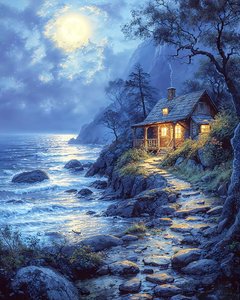 Casa al borde de un lago bajo la luz de la luna, colores azules, impresiones en lienzo