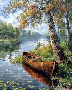 Hermoso paisaje con un río y un barco, lienzo para decoración de pared Paisajes urbanos