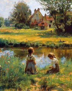 Niños jugando fuera de casa en el campo, impresiones en lienzo de F. Abderrahim
